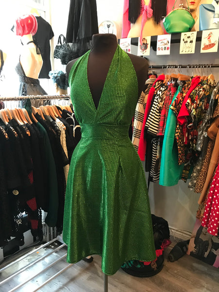 Green holiday sequin halter dress